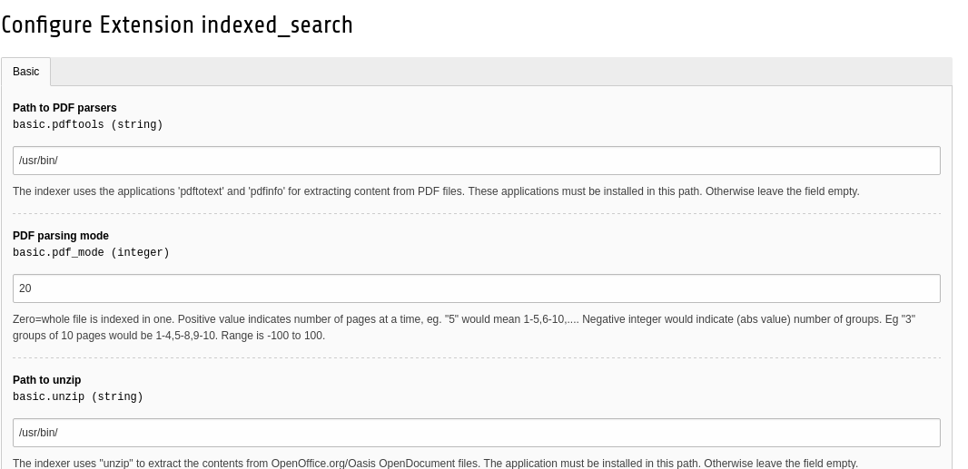 Indexed search configuration typo3