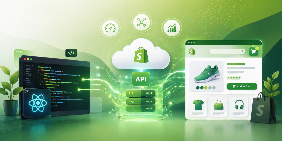 Shopify headless storefront architecture using Hydrogen with frontend, API layer, and ecommerce UI