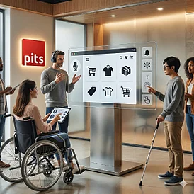 Illustration showing diverse users shopping online with accessible e-commerce features across multiple devices