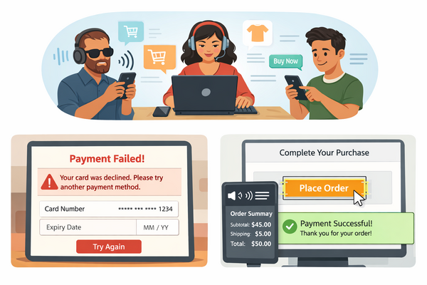 People shopping online using different methods, including a screen reader, keyboard navigation, and a mobile phone.