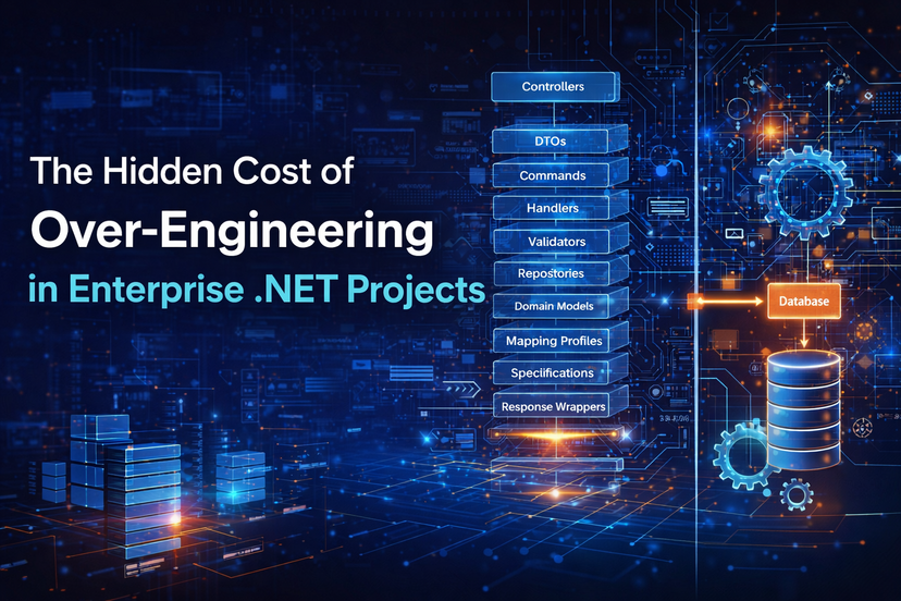 Illustration showing layered architecture in enterprise .NET applications highlighting over-engineering with controllers, DTOs, commands, handlers, repositories, and specifications.