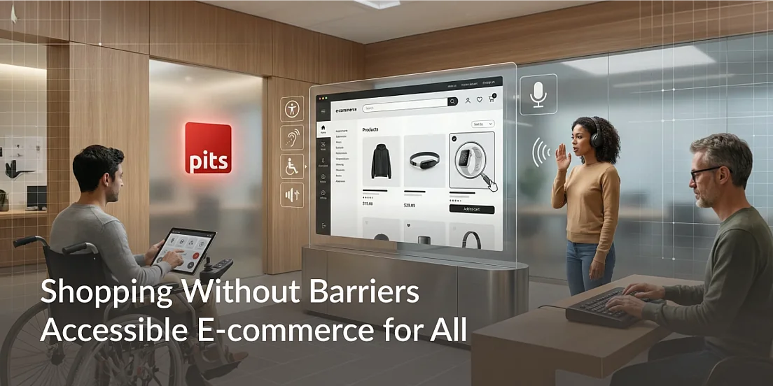 Illustration showing diverse users shopping online with accessible e-commerce features across multiple devices