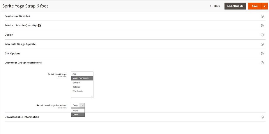 Catalog restriction product page